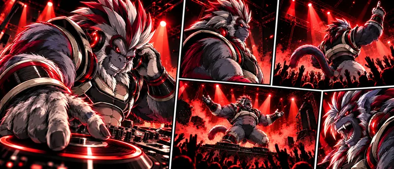 Singe Oozaru DJ à la crinière rouge et blanche, style manga