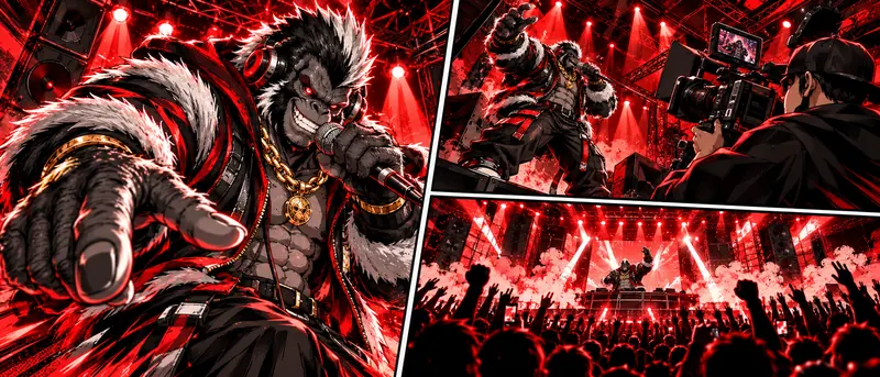 Gorille rappeur au micro, planches de manga et foule